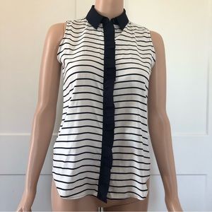 Ann Taylor Navy Blue Stripes White Ruffle Sleeveless Blouse Top XXS Petite XXSP